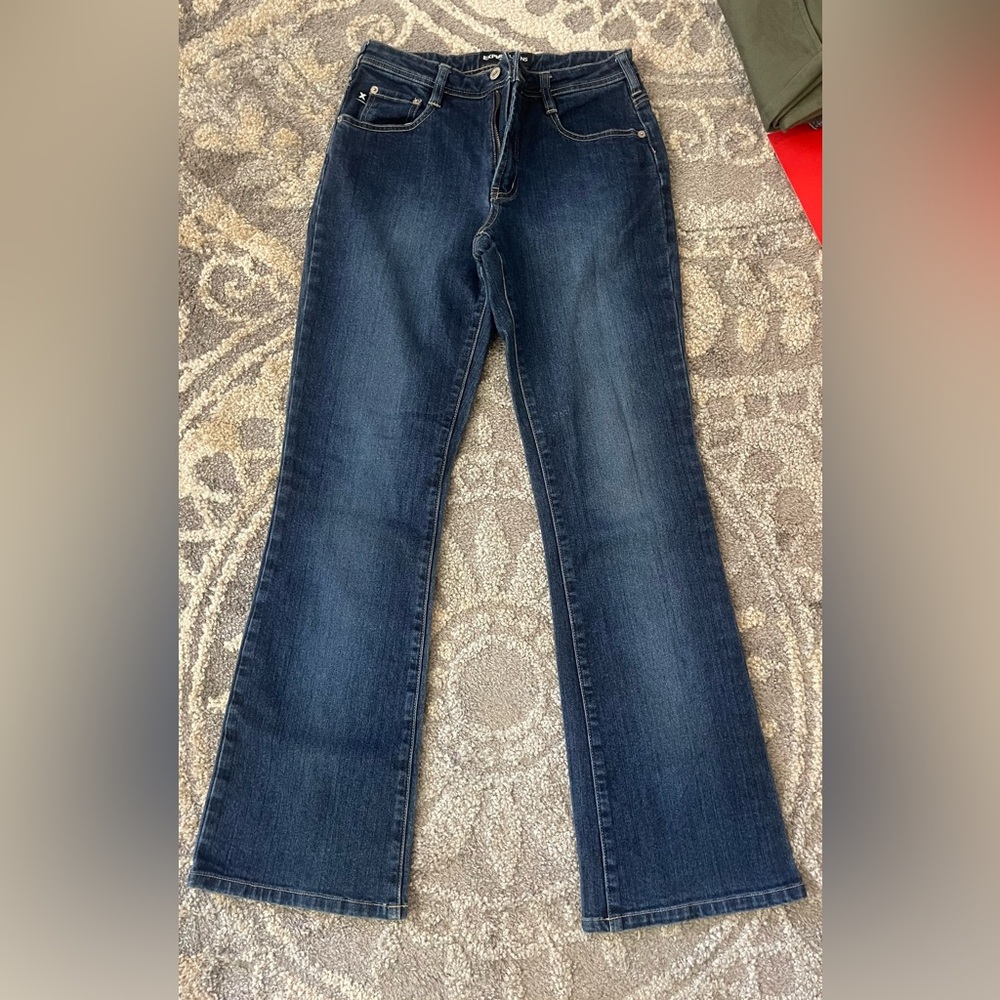 Express jeans straight wide leg size 7/8 stretch dark blue .